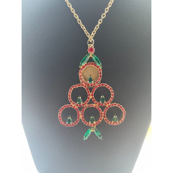 Vintage Rhinestone Christmas Tree Pendant Necklace With Gold-Tone Chain & Red/Gr - Picture 6 of 16